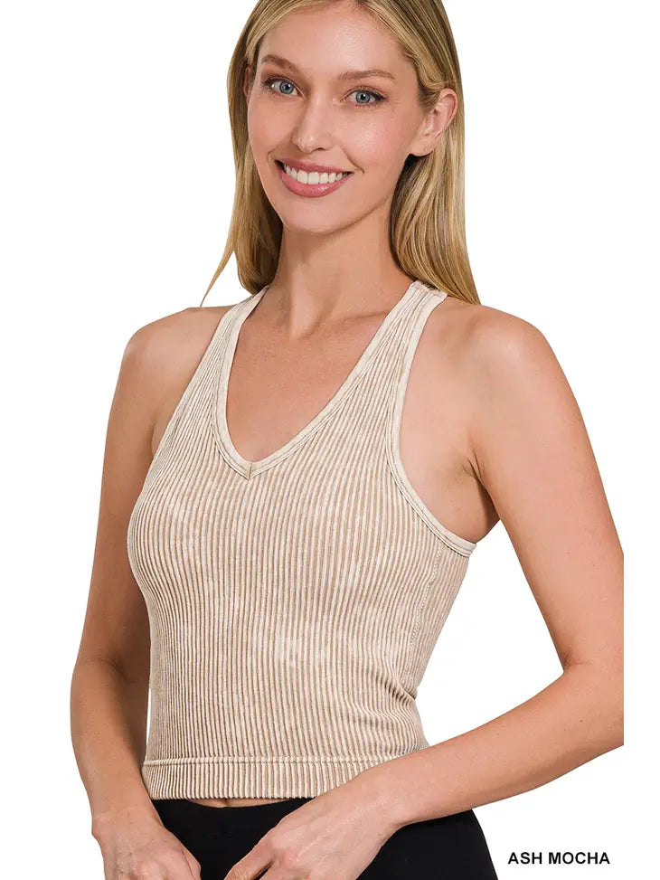 Washed Ribbed Cropped Padded Tank Top