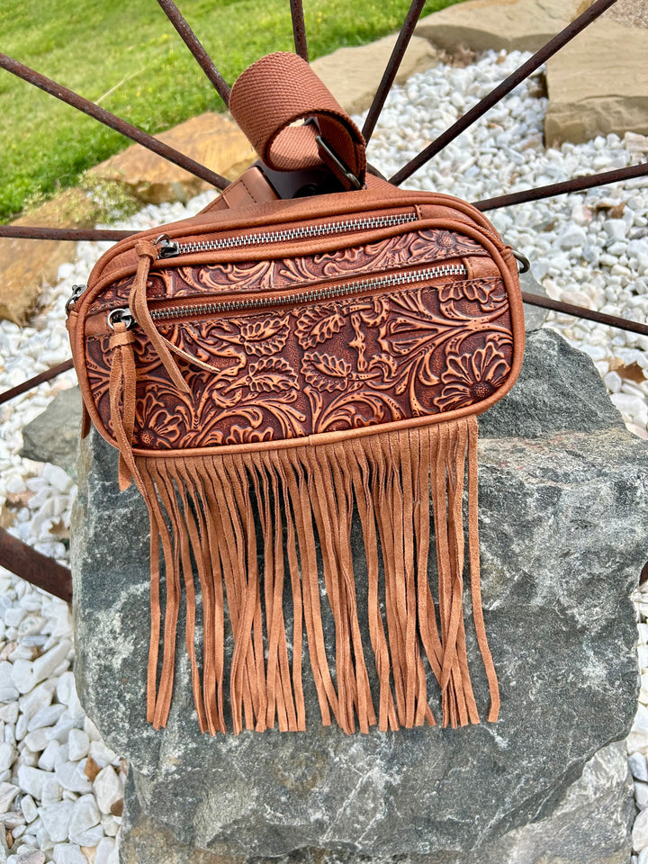 COGNAC TOOLED LEATHER BUM BAG