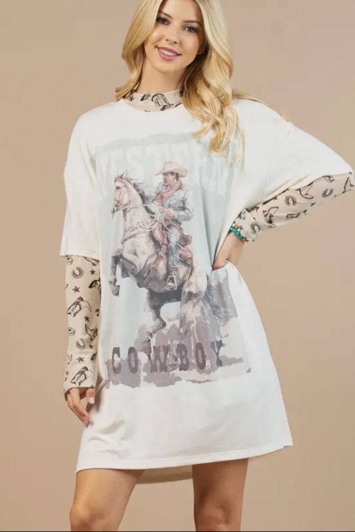 Western Cowboy Scene T Shirt Dress