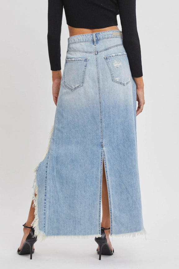 Mid Rise Acid Wash denim Skirt Deconstructed Hem