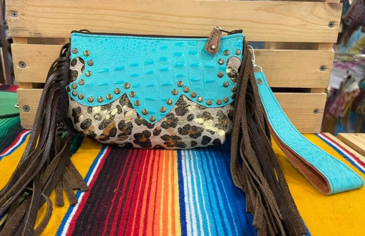 Turquoise Croc And Leopard cowhide Wristlet crossbody