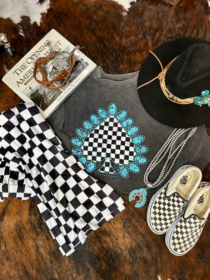 Turquoise Checkered Spade Graphic Crop Tee