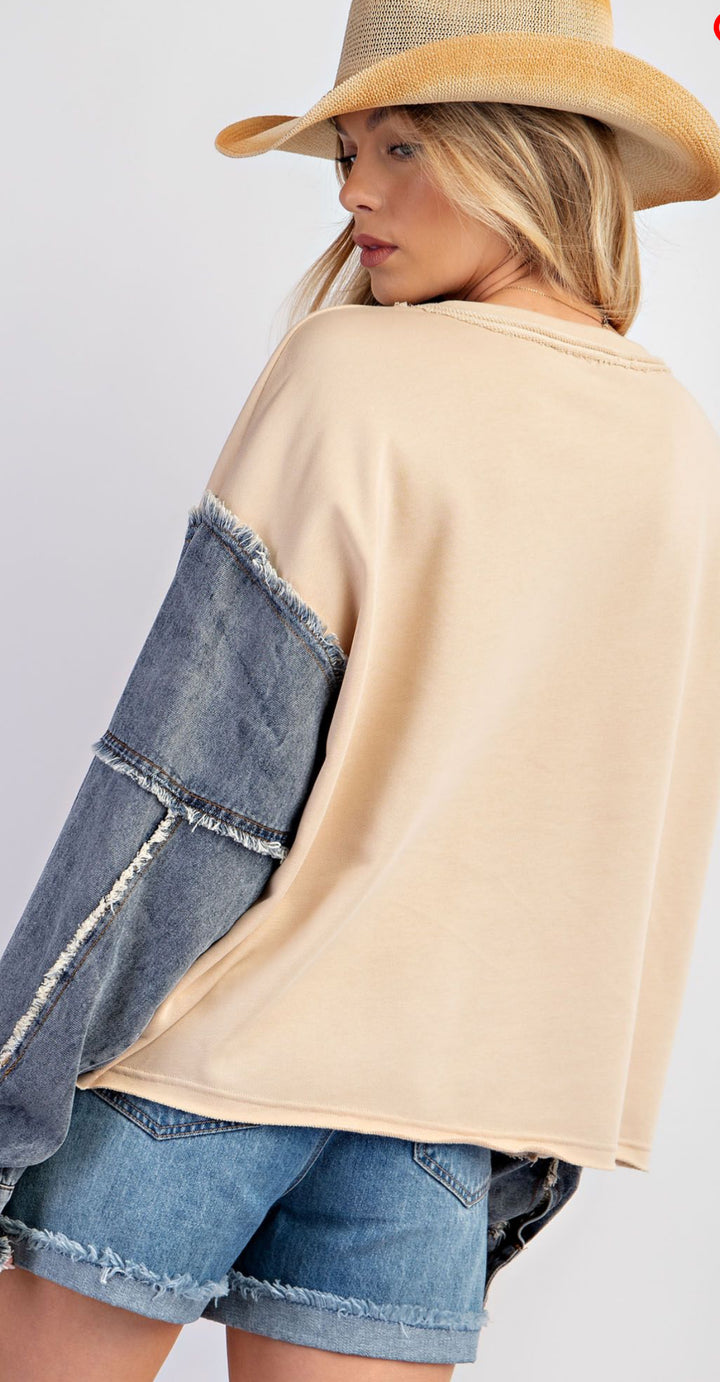 EASEL DENIM SLEEVE TERRY KNIT PULLOVER