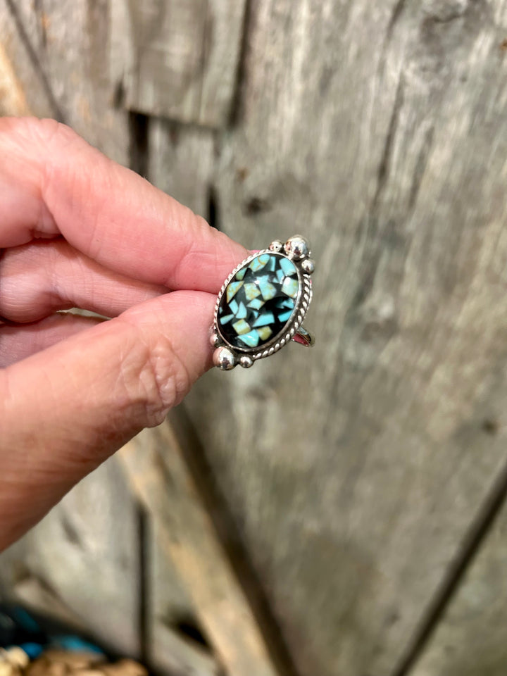 Mosaic onyx Turquoise chip adjustable ring