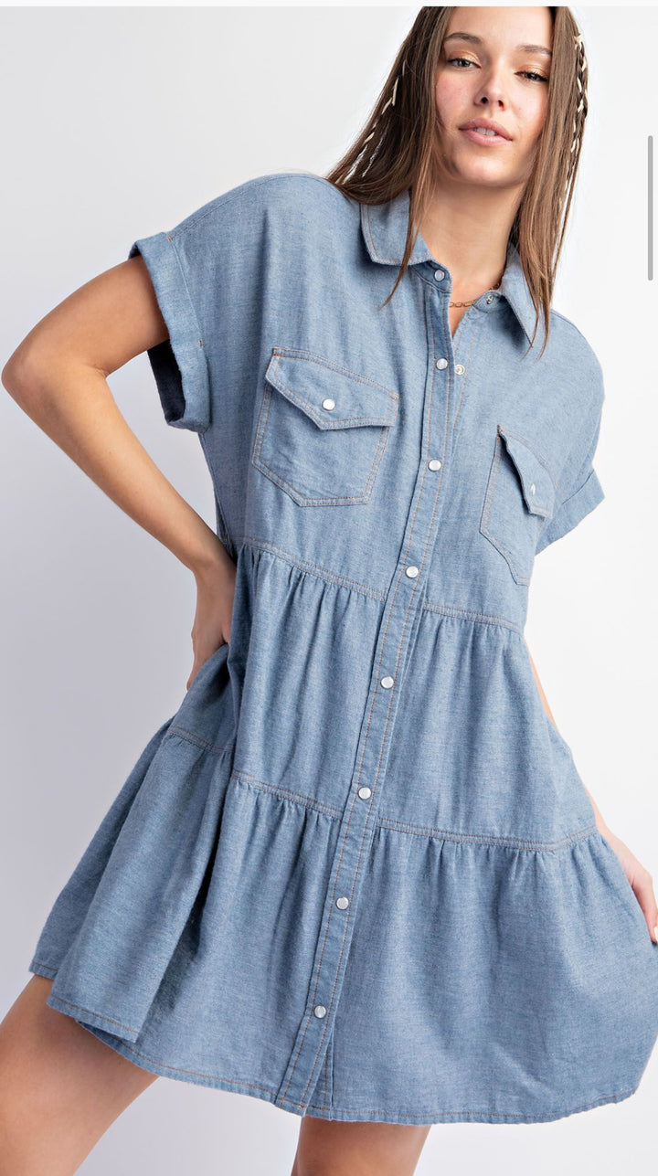 Easel Button Down Tiered Denim Dress