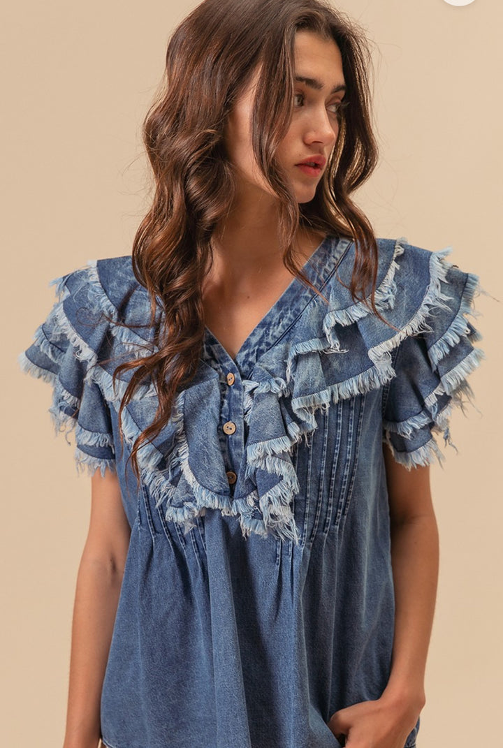 Tattered And Ruffled Denim Baby Doll Top