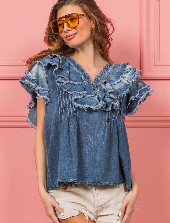 Tattered And Ruffled Denim Baby Doll Top