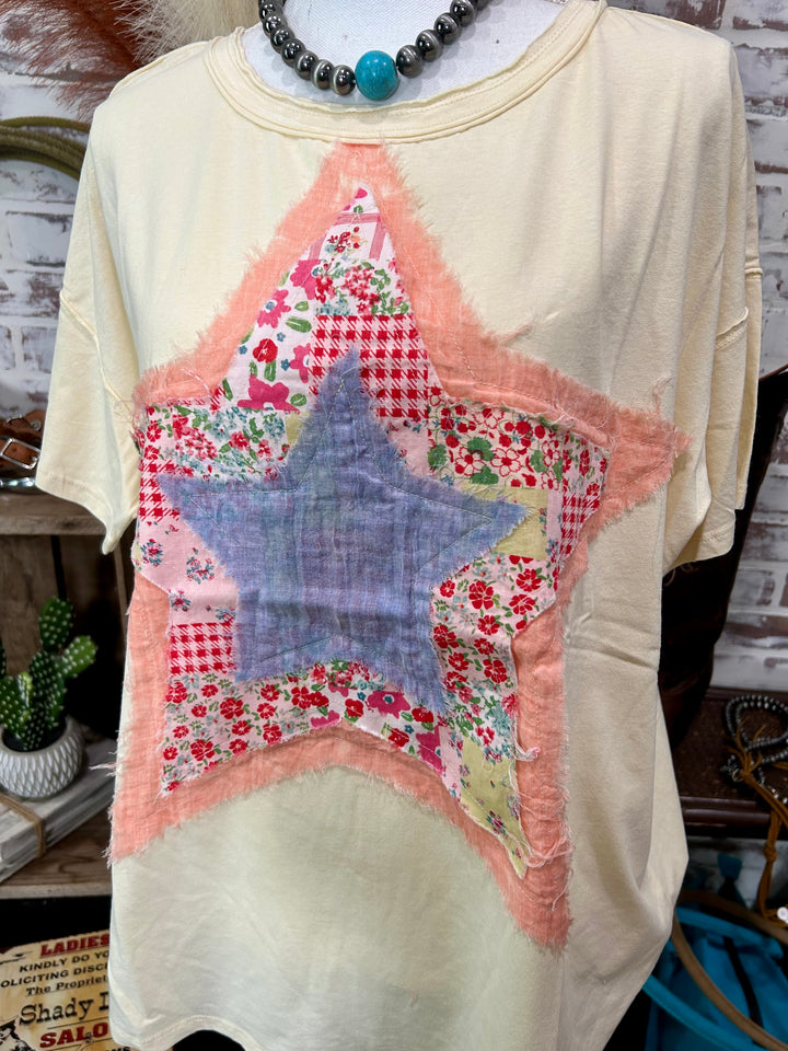 Easel Ragged Star Patch Top -Ivory