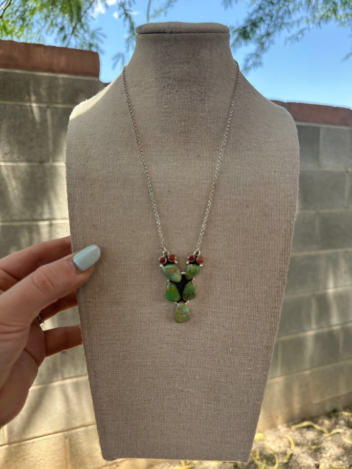 Handmade Sterling Silver, Coral & Turquoise Cactus Necklace