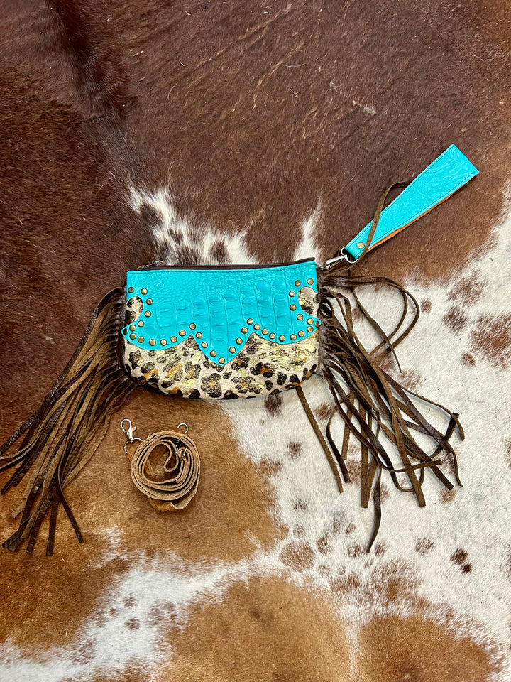 Turquoise Croc And Leopard cowhide Wristlet crossbody