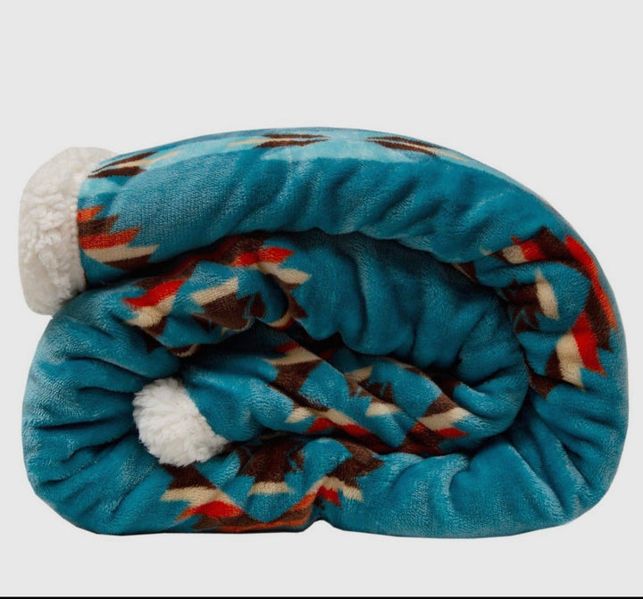 Southwestern Aztec Turquoise Plush Fur Sherpa Borrego Fleece Throw Blanket