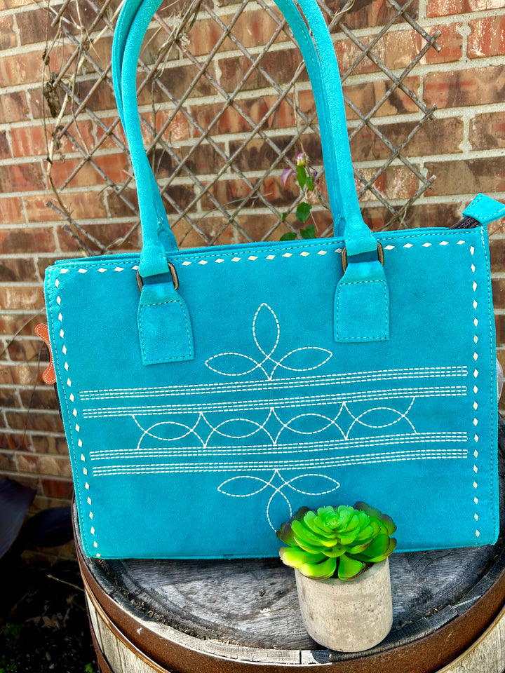 Turquoise Rough Out Boot Stitch Tote Purse