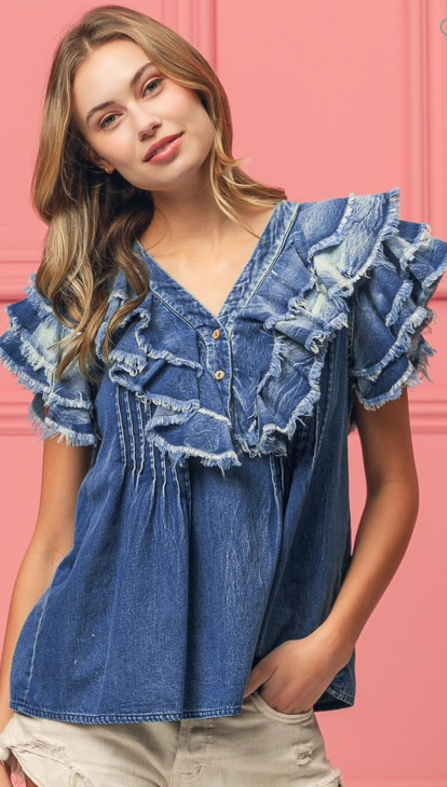 Tattered And Ruffled Denim Baby Doll Top