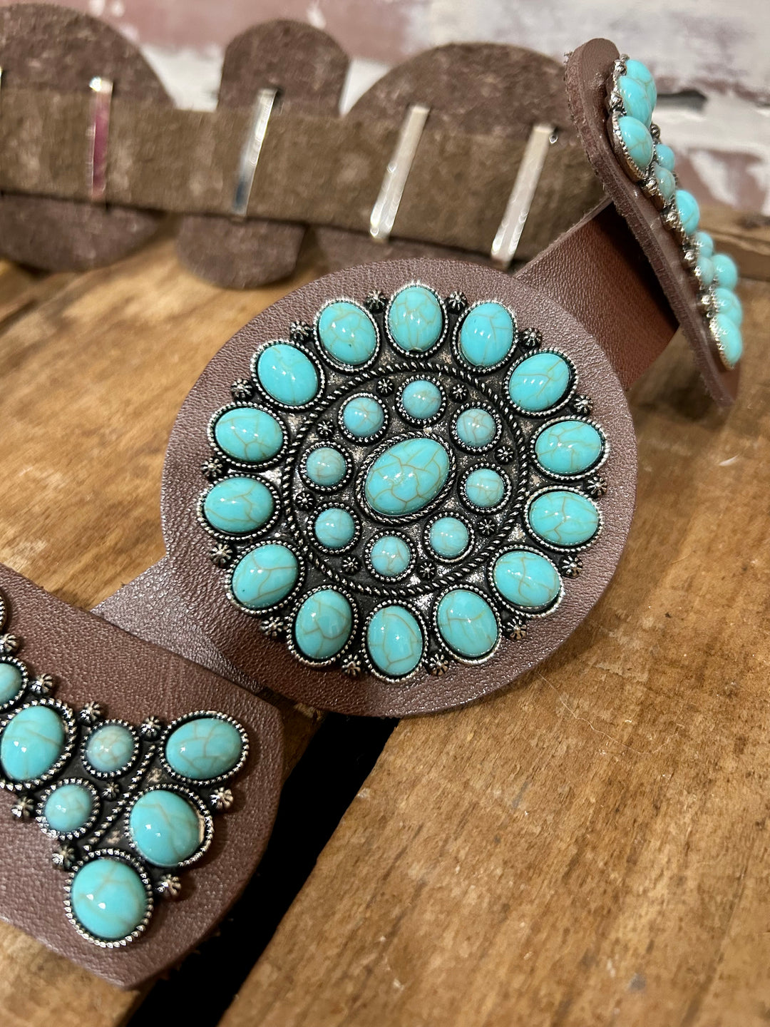 Brown leather Turquoise Cluster Concho Belt