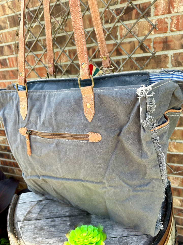 Large Gray Cowhide Aztec Print Tote