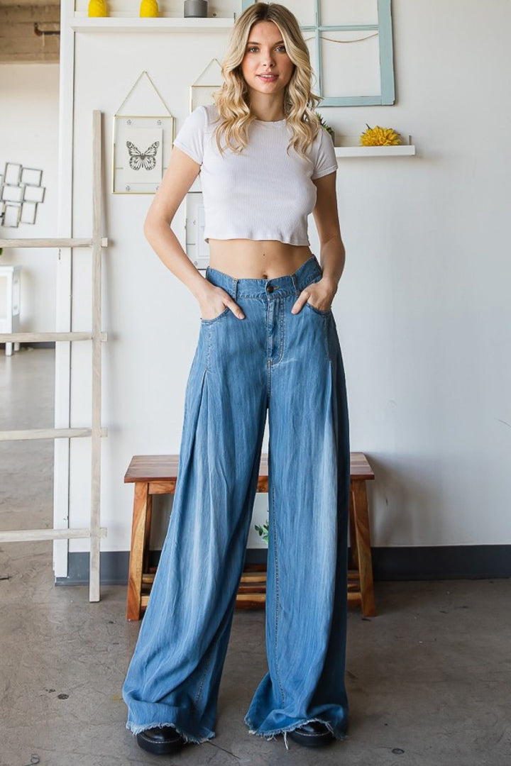 Pleat Detail Wide Leg Denim Pants