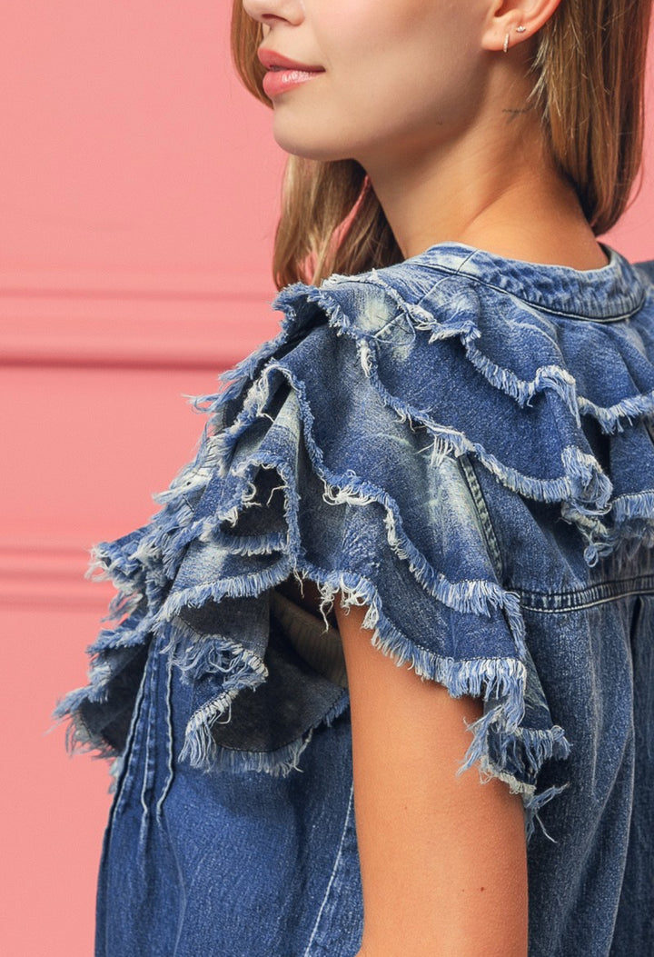 Tattered And Ruffled Denim Baby Doll Top