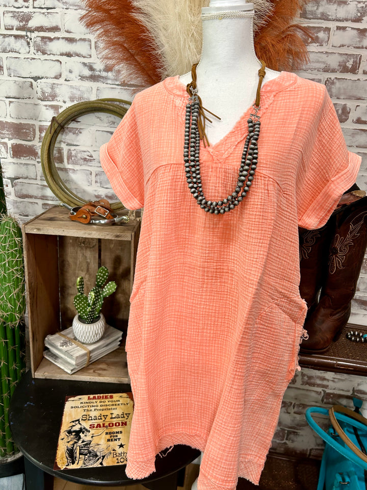 Coral Mineral Washed Gauze Dress