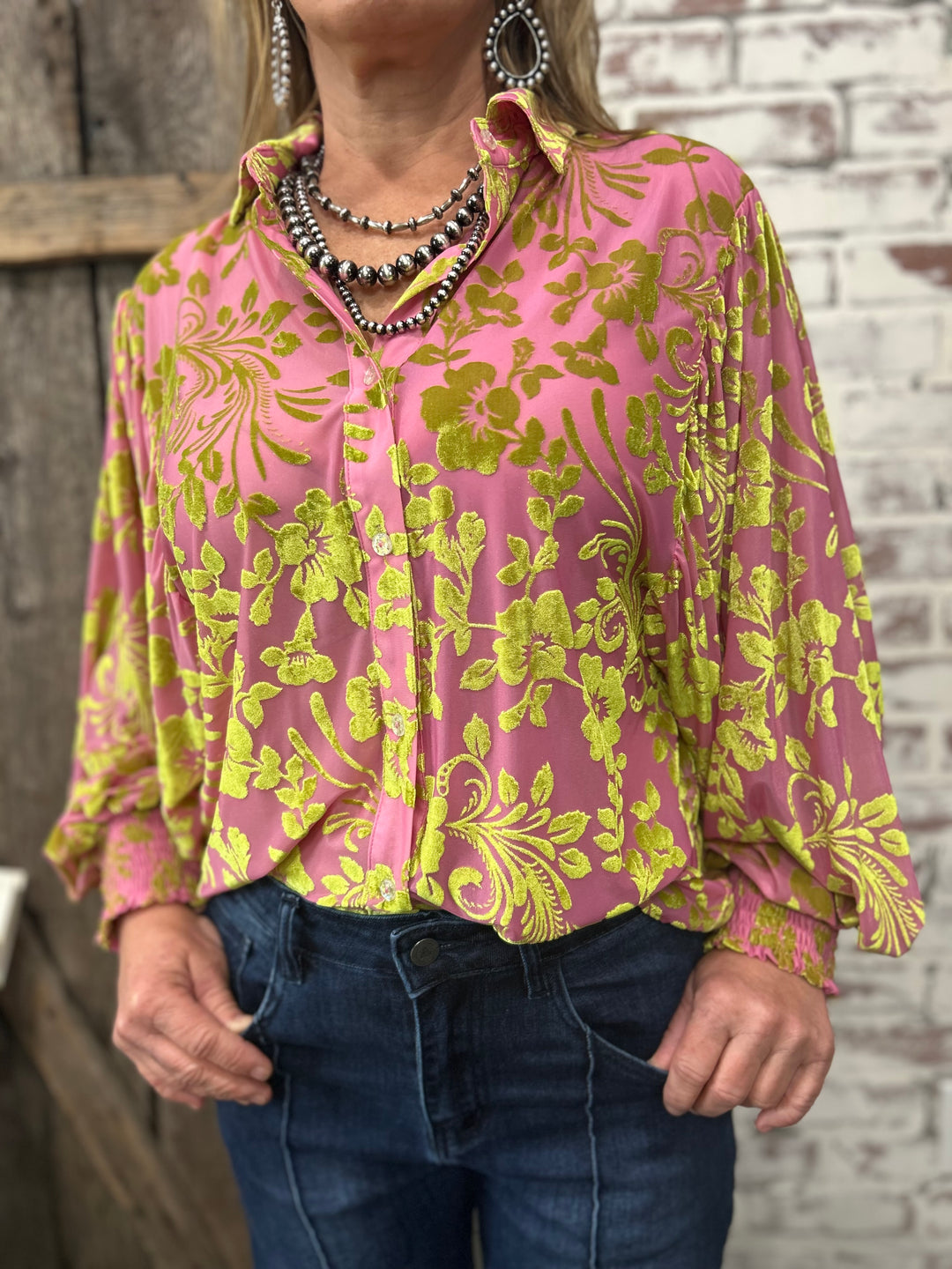 Pink Green Brocade Balloon Sleeve Blouse