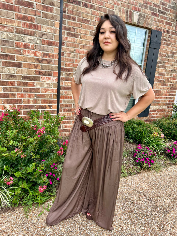 Cocoa Brown Smocked Waist Wide Leg Pants