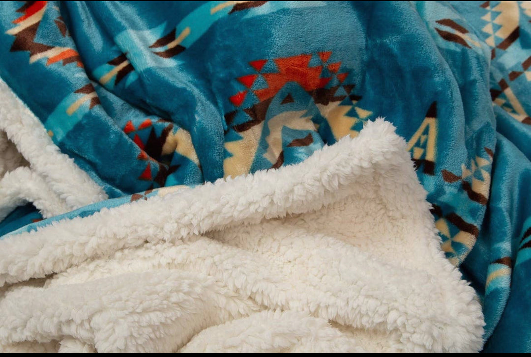 Southwestern Aztec Turquoise Plush Fur Sherpa Borrego Fleece Throw Blanket