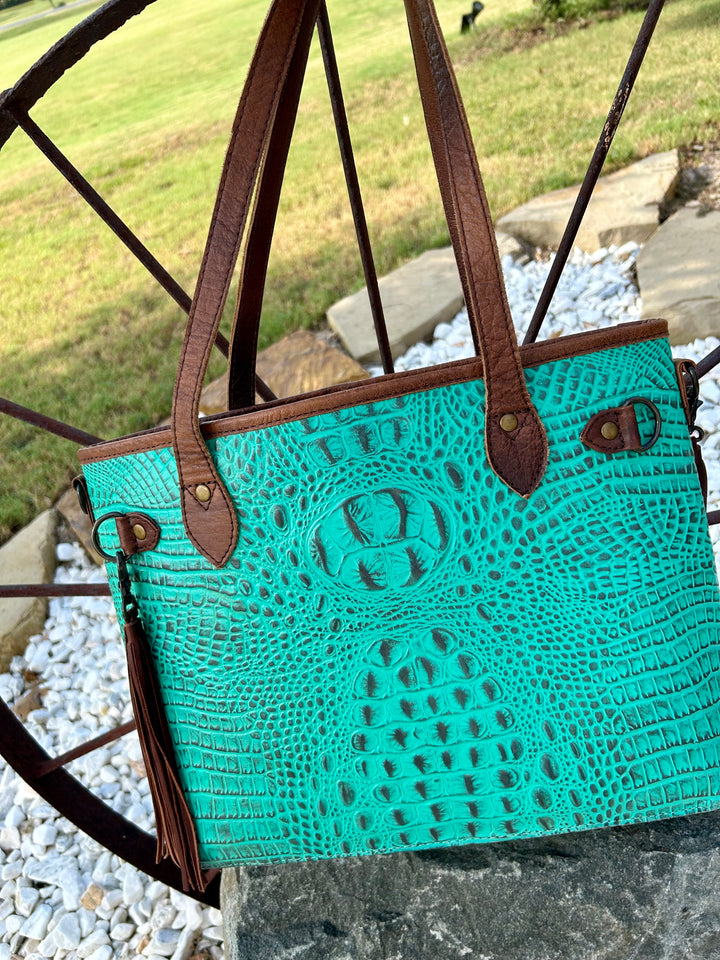 Turquoise Croc Leather Tote