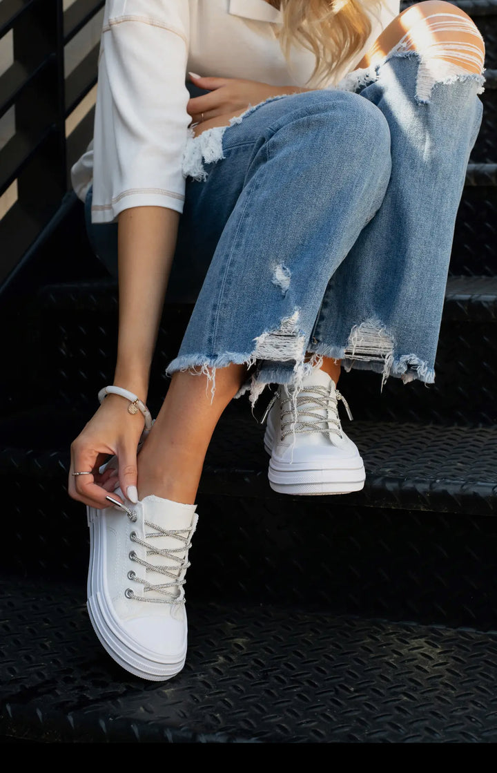 Very G White Canvas Sneaker with/ Rhinestone Laces