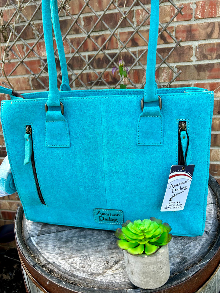 Turquoise Rough Out Boot Stitch Tote Purse