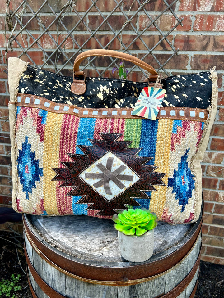 Large Black Cowhide Aztec Print Bag