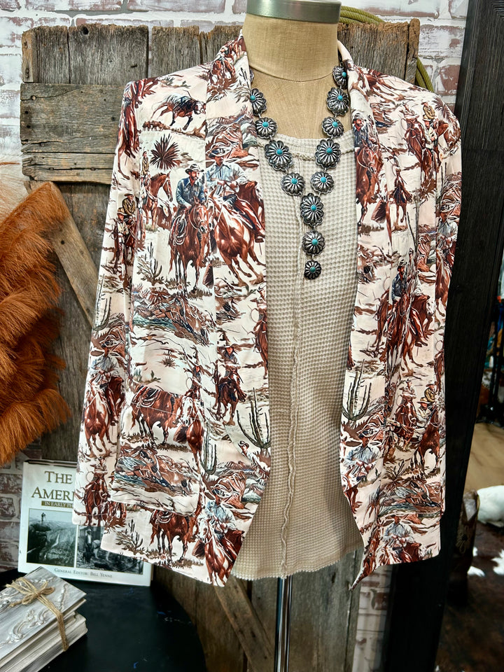 Old West Western Print Blazer-Beige