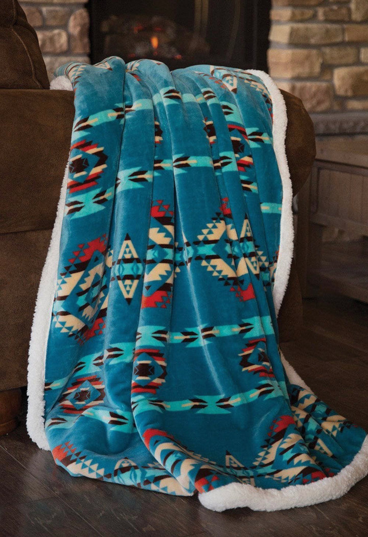 Southwestern Aztec Turquoise Plush Fur Sherpa Borrego Fleece Throw Blanket