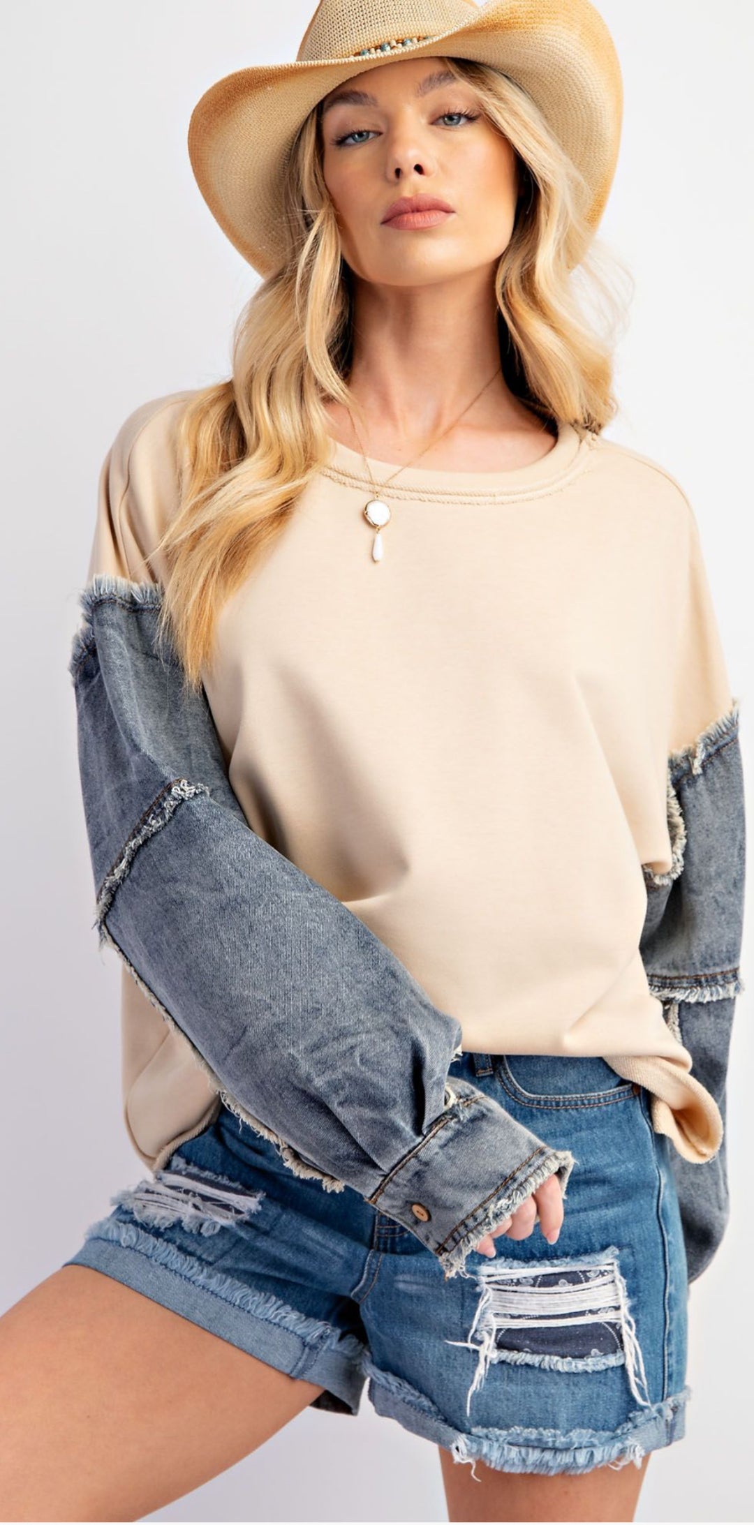 EASEL DENIM SLEEVE TERRY KNIT PULLOVER