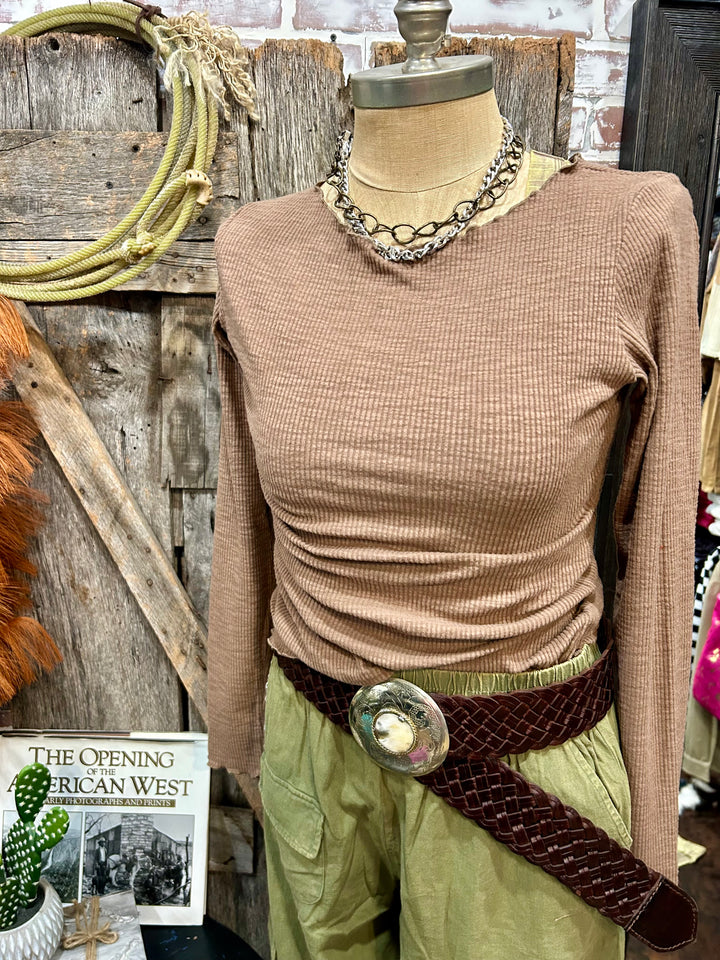 Brown Lettuce Trim Rib Knit Top