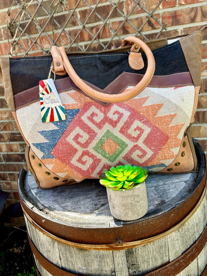 Caramel Aztec Print Cowhide Tote Bag