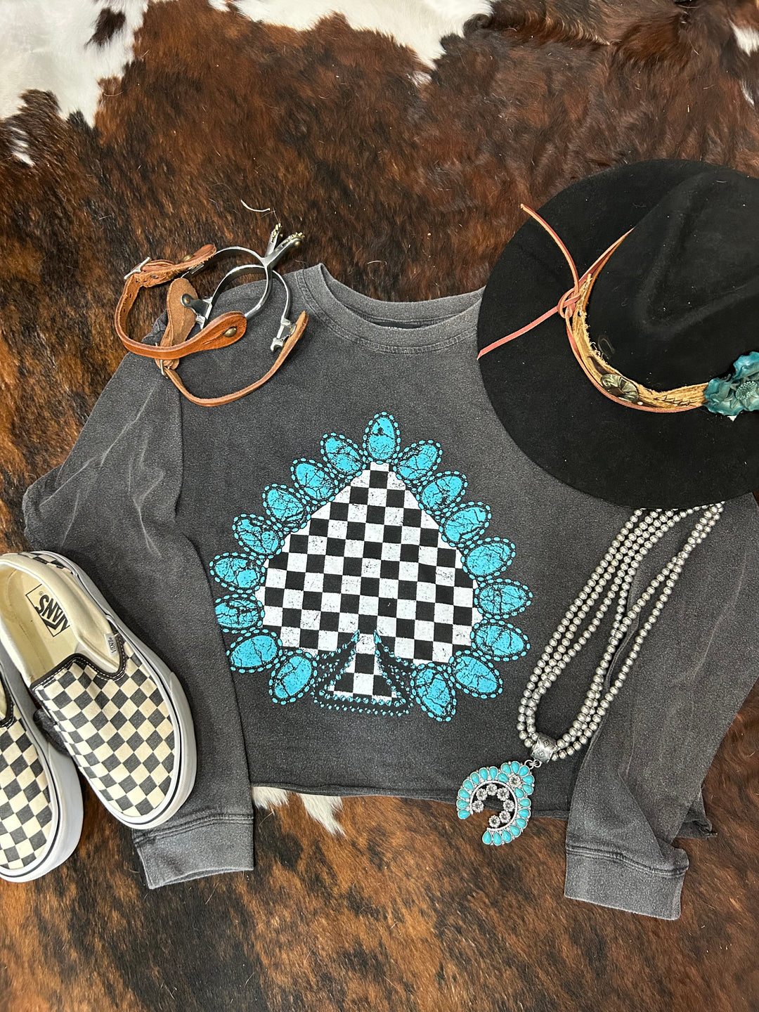 Turquoise Checkered Spade Graphic Crop Tee