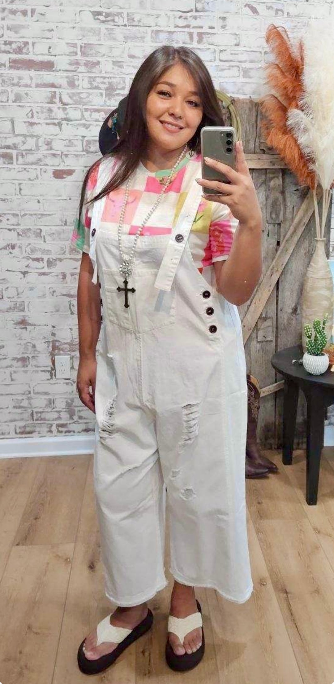 Easel White Twill Distressed Overalls