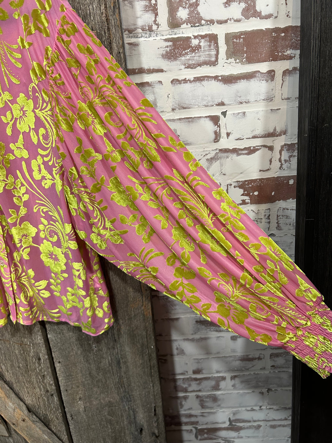 Pink Green Brocade Balloon Sleeve Blouse