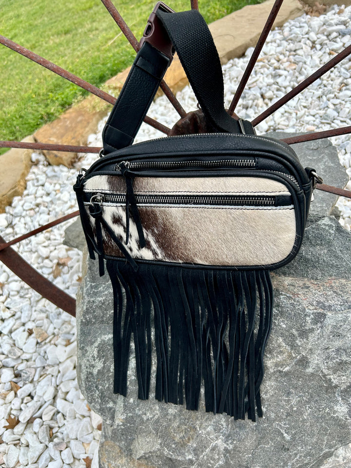 BLACK COWHIDE FRINGE BUM BELT BAG