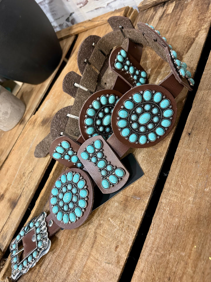 Brown leather Turquoise Cluster Concho Belt