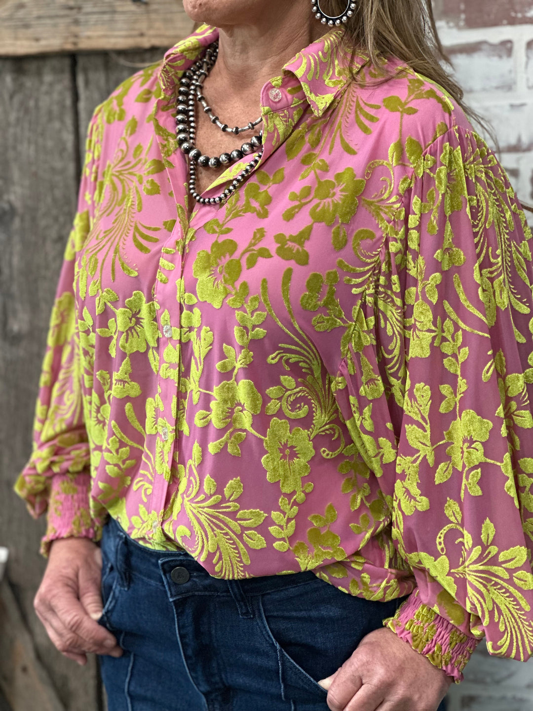 Pink Green Brocade Balloon Sleeve Blouse