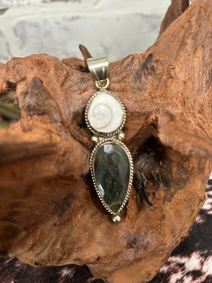 Labradorite & Shell Pendant -German Silver