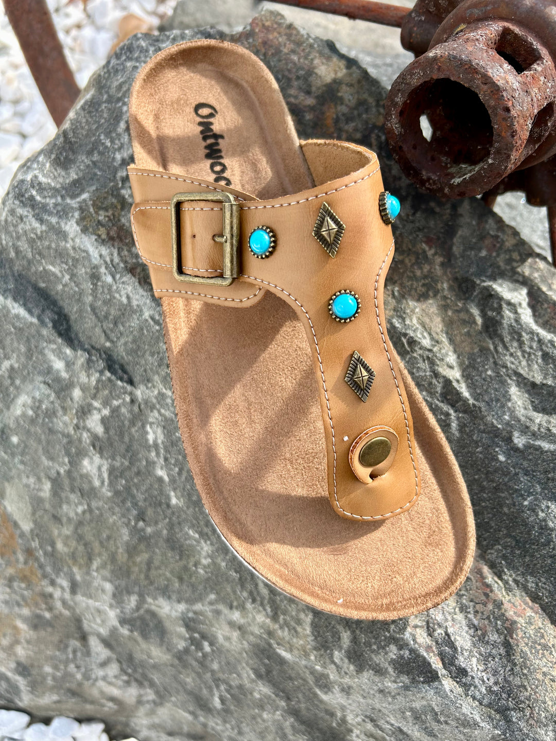 Cognac And Turquoise Studded Thong Sandals