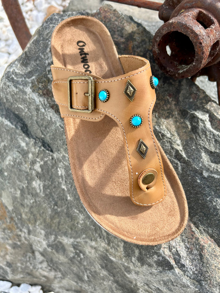 Cognac And Turquoise Studded Thong Sandals