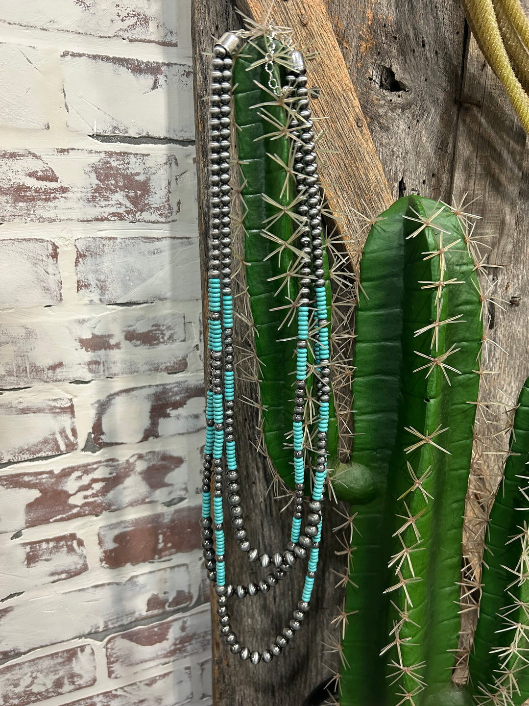 34” 3 Layer Navajo Style Pearls with Faux Turquoise Beads