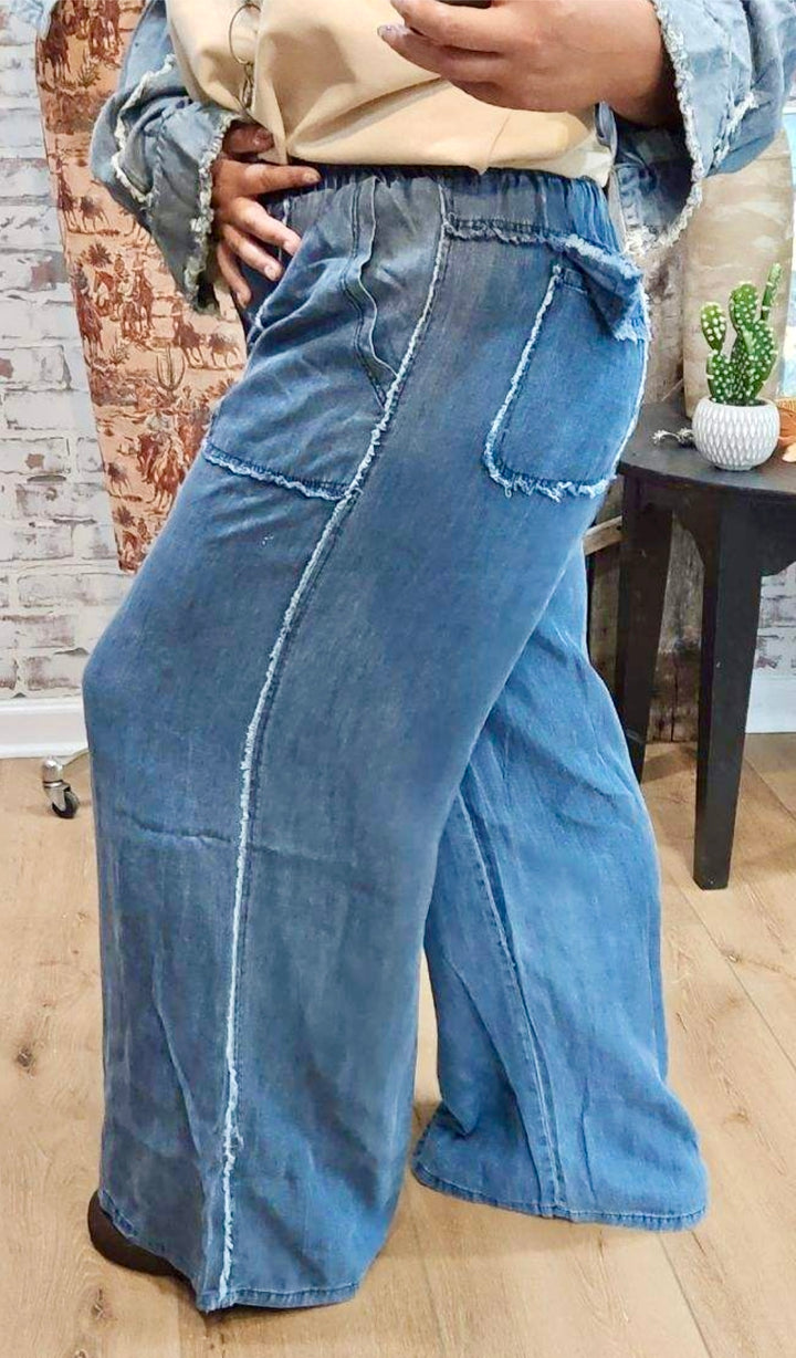 WASHED CHAMBRAY WIDE LEG PANTS