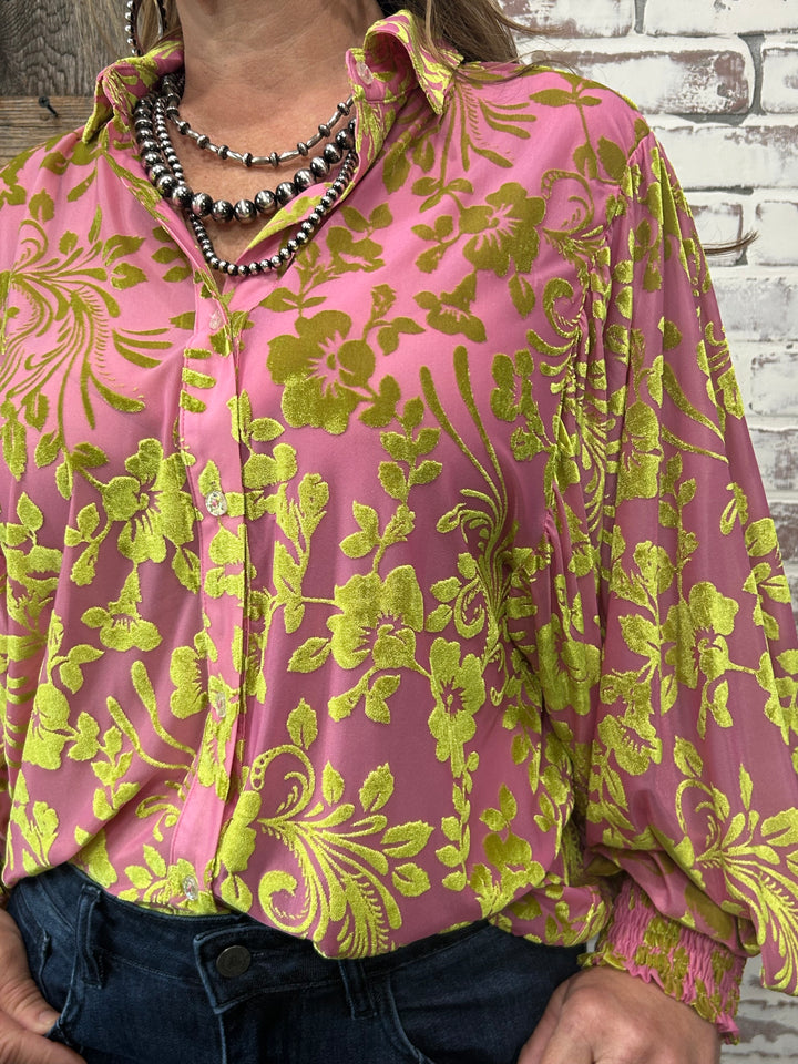 Pink Green Brocade Balloon Sleeve Blouse