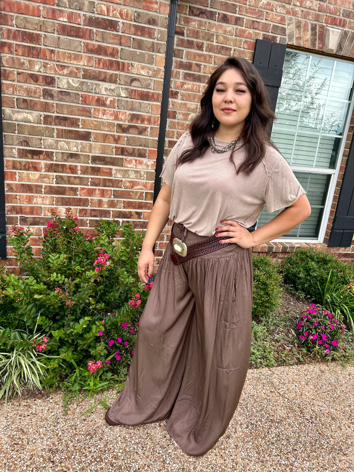 Cocoa Brown Smocked Waist Wide Leg Pants