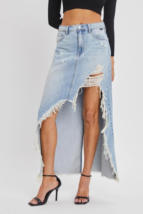 Mid Rise Acid Wash denim Skirt Deconstructed Hem