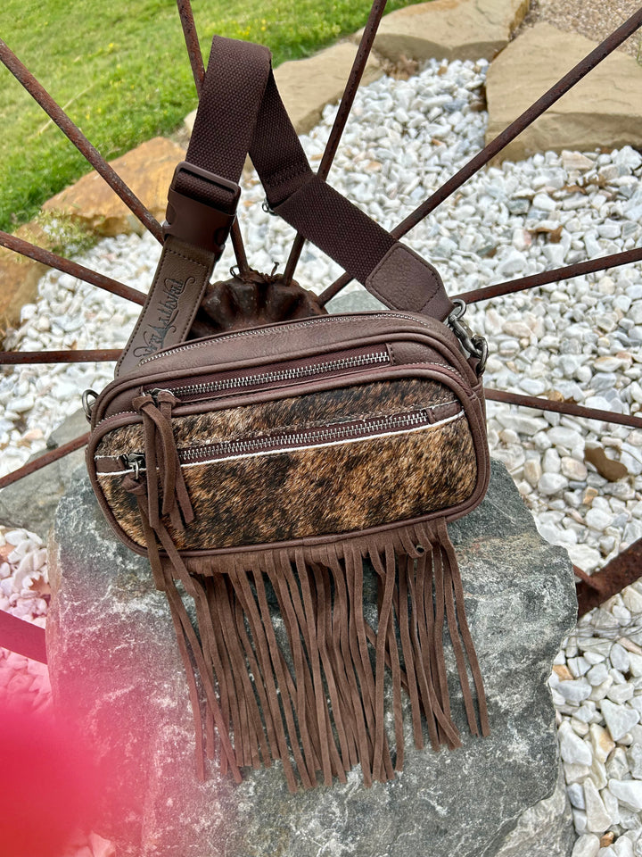 Brown Genuine Hair-On Cowhide Triple Zippered Pocket Fringe Belt Bum Bag