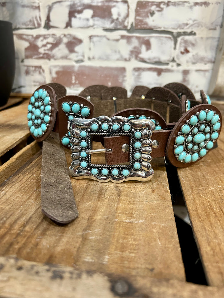 Brown leather Turquoise Cluster Concho Belt